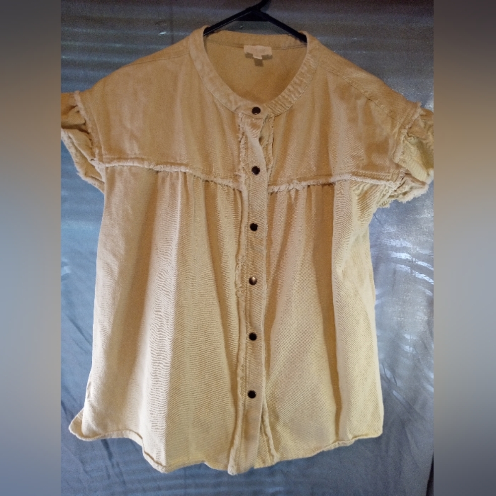 Oddy Cream Cotton Linen Button-Up Ruffle 100% Cotton Short Sleeve Blouse